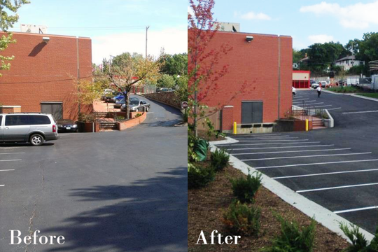 on left, before picture of parking lot in foreground and back of a building with tree and sidewalk along narrow parking lot area in background; on right, after picture showing tree behind building removed and sidewalk narrowed creating larger parking area
